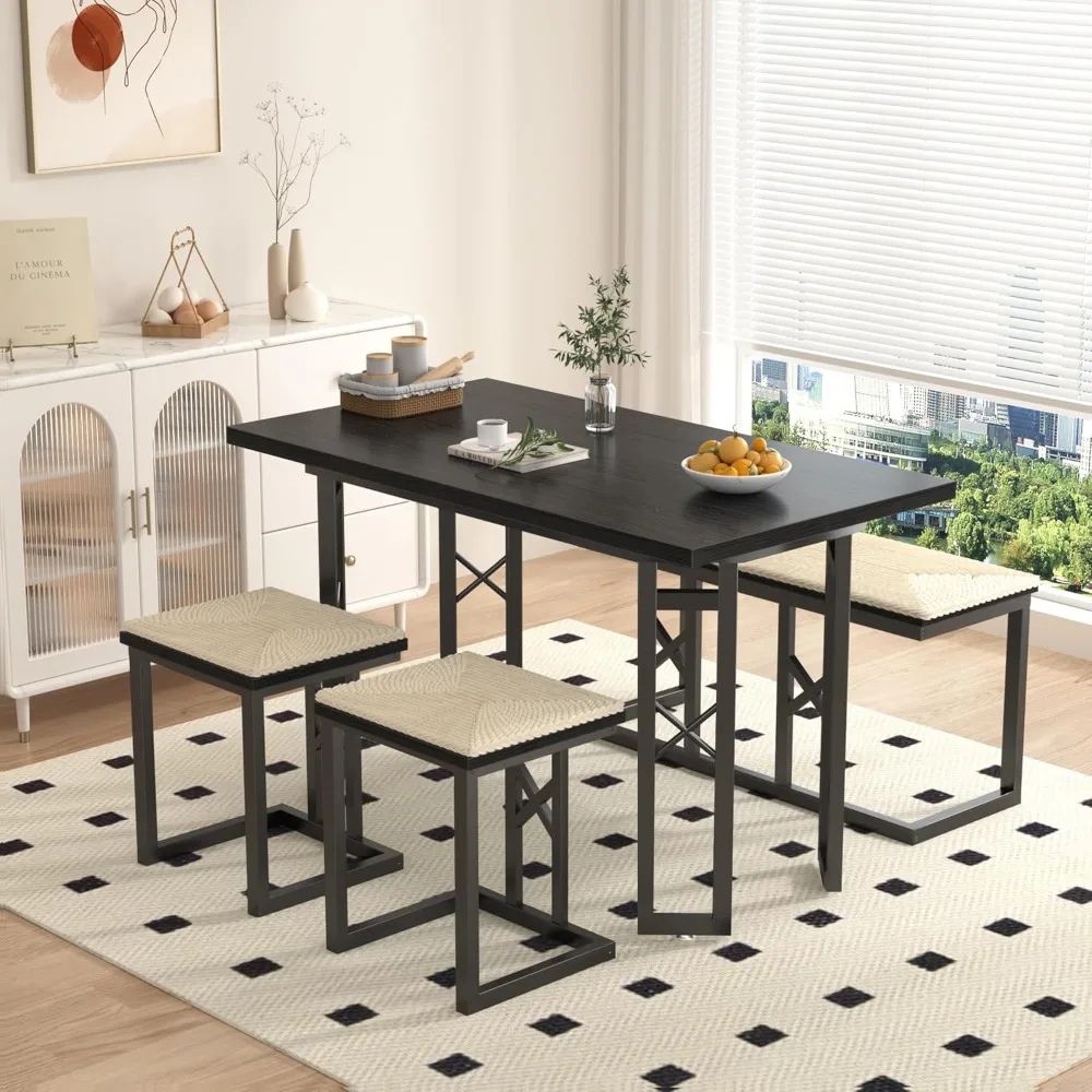 

43.3" Farmhouse Dining Room Table Sets with 3 Benches, Wicker Mats, Adjustable Feet, Space-Saving Breakfast/Coffee Table for Ki
