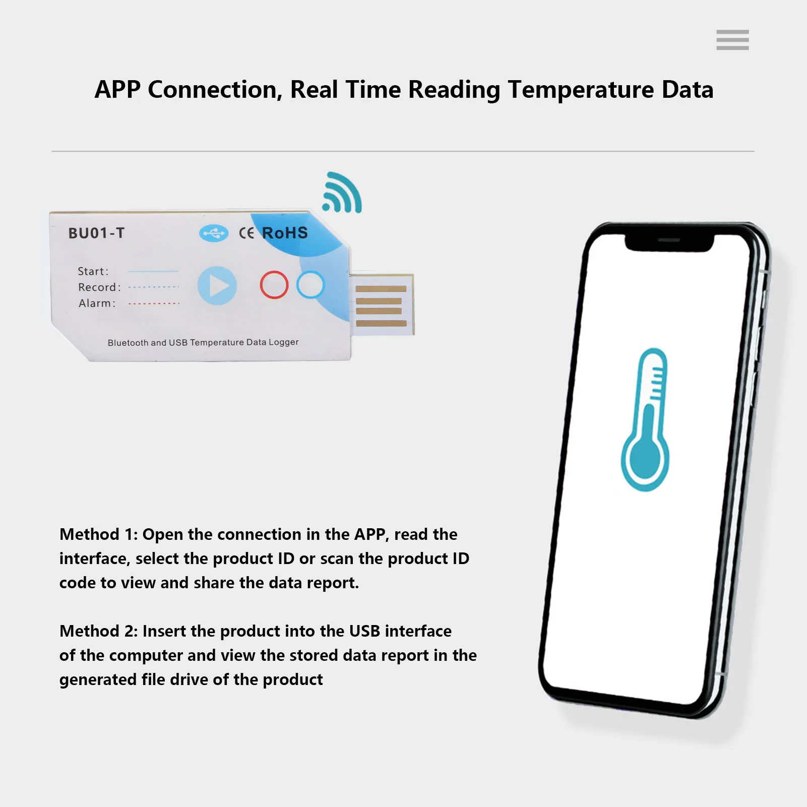 温度PDFレポートレコーダー USB温度データロガー Bluetoothアプリ接続 温度PDFレポートレコーダー 120日間 32000容量
