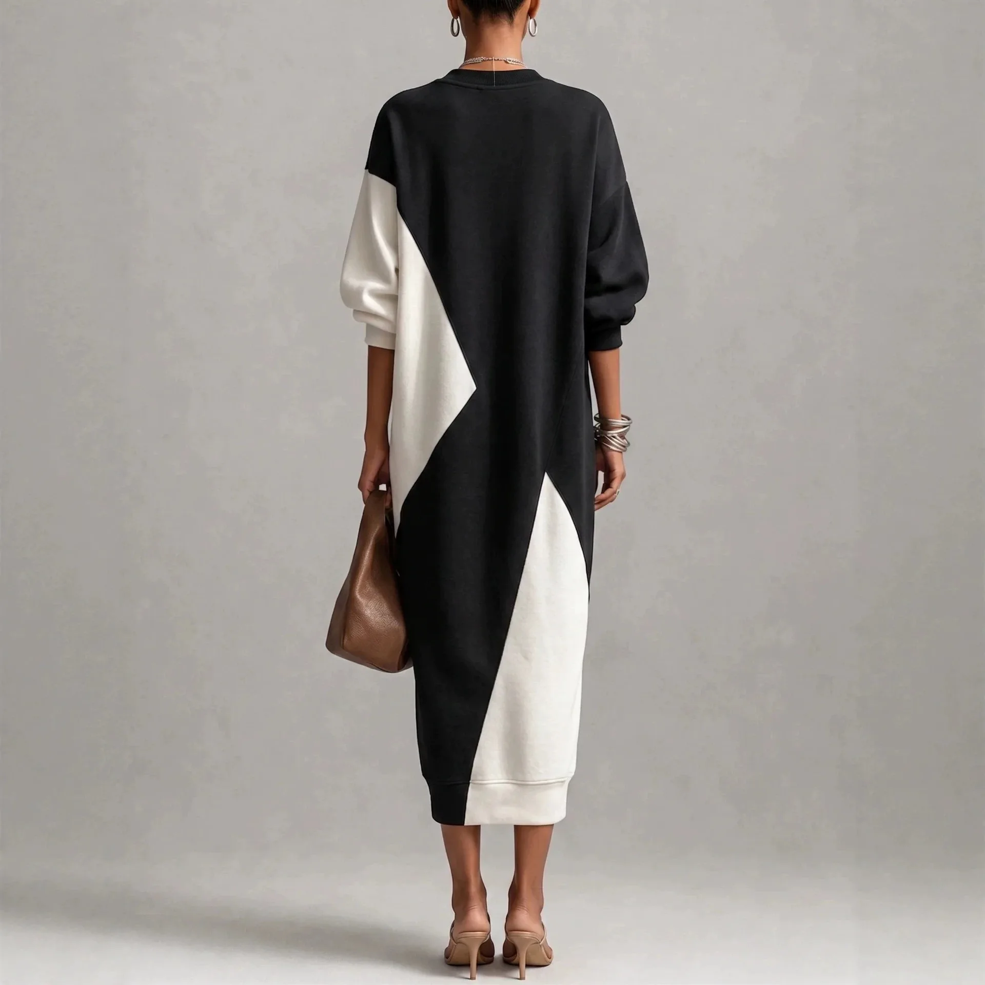 XXOWENLI Elegant Women' Midi Dress Black White Colorblock V Neck Long Sleeve Loose Vestidos Autumn Winter Casual Ladies Dress