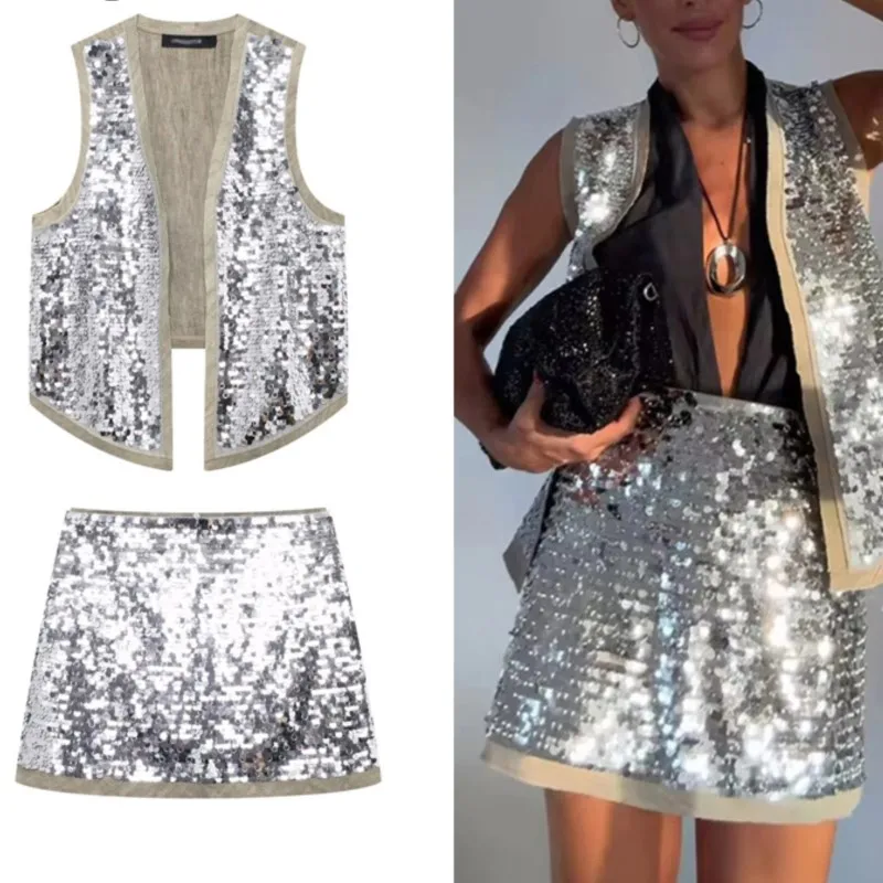 

Silvery Sequin Skirt Women Fashion Luxury Glitter Mini Skirt 2025 New Summer Elegant Falda Back Zipper High Waist Short Skirts