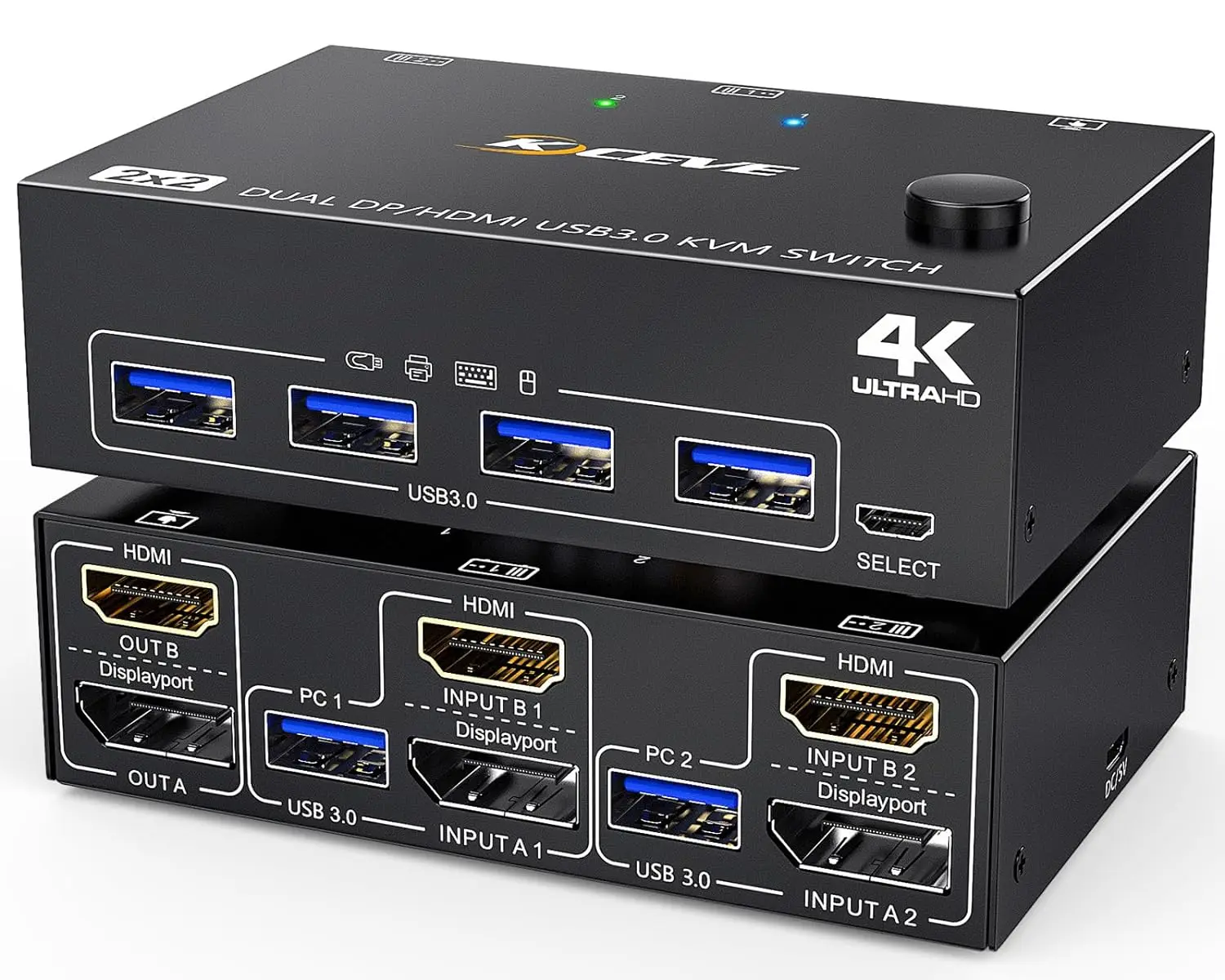 2024 yeni Kceve USB 3.0 çift monitör KVM Switch HDMI Displayport, 2 bilgisayar payı 2 ekran ve 4 USB3.0 cihazlar için KVM anahtarı