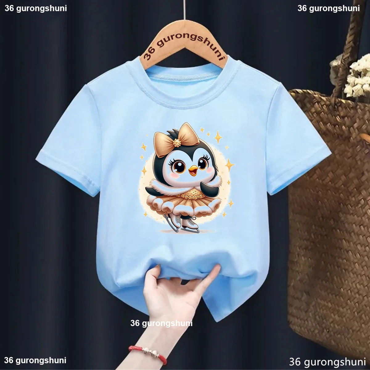 

New Childern Tshirt Funny Penguin Pattern Print Tshirt Fashion Harajuku 00s Girl Tshirt Summer Blue Short Sleeves Clothes