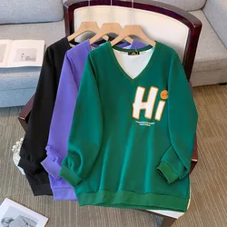 150Kg Plus Size Women's Bust 157 Autumn Spring Loose V-Neck Letter Printing Long Sleeve Sweatshirt 6XL 7XL 8XL 9XL 10XL