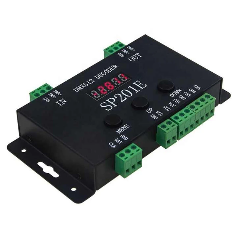 SP201E Контроллер DMX-SPI Декодер 5-канальный DMX512 RGB WW Декодер Светодиодный контроллер для DC5-24V Адресная пиксельная световая полоса SP201E Контроллер DMX-SPI Декодер 5-канальный DMX512 RGB WW Декодер Светодиодный контроллер для DC5-24V Адресная пиксельная световая полоса