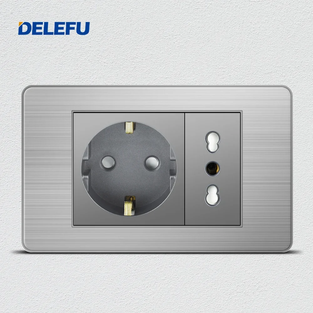 DELEFU Black Stainless steel  Italy Standard Home Office EU Outlet USb Type C Chile Korea Wall Socket Light Pressure Switch 118