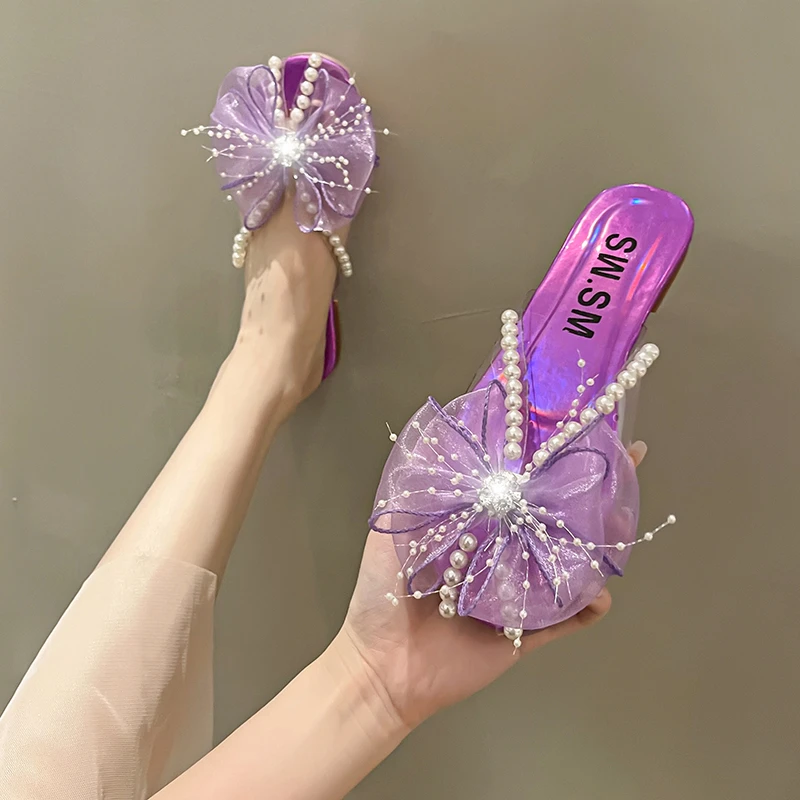 Women Sandals 2022 Summer New Women Slippers Fashion Women\'s Flip Flops Beaded Rhinestones Bow Flat Slippers for Women