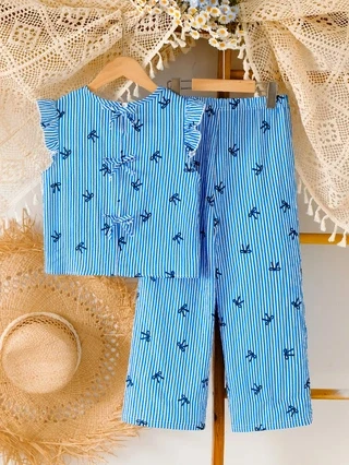Girls' 2-Piece Outfit with Blue Stripes & Bow, Flutter Sleeve Ruffled Top + Elastic Waist Wide-Leg Pants, Kids Summer Set