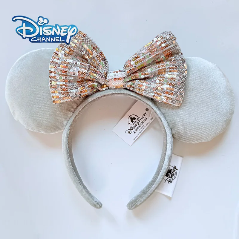 

Disney Minnie Mouse Ears Headband Silver Plush Ears With Sparkly Sequin Bow Disneyland Accessory For Women & Girls