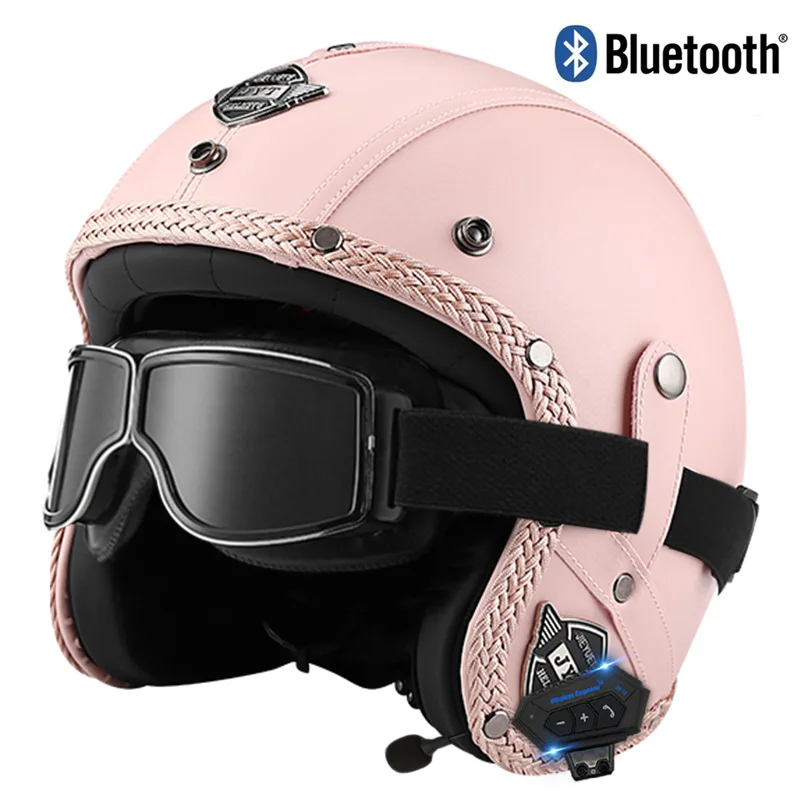 Motorcycle Japanese Retro Bluetooth Helmet Motorcycle Off-road High Quality PU Leather Half Helmet with Goggles