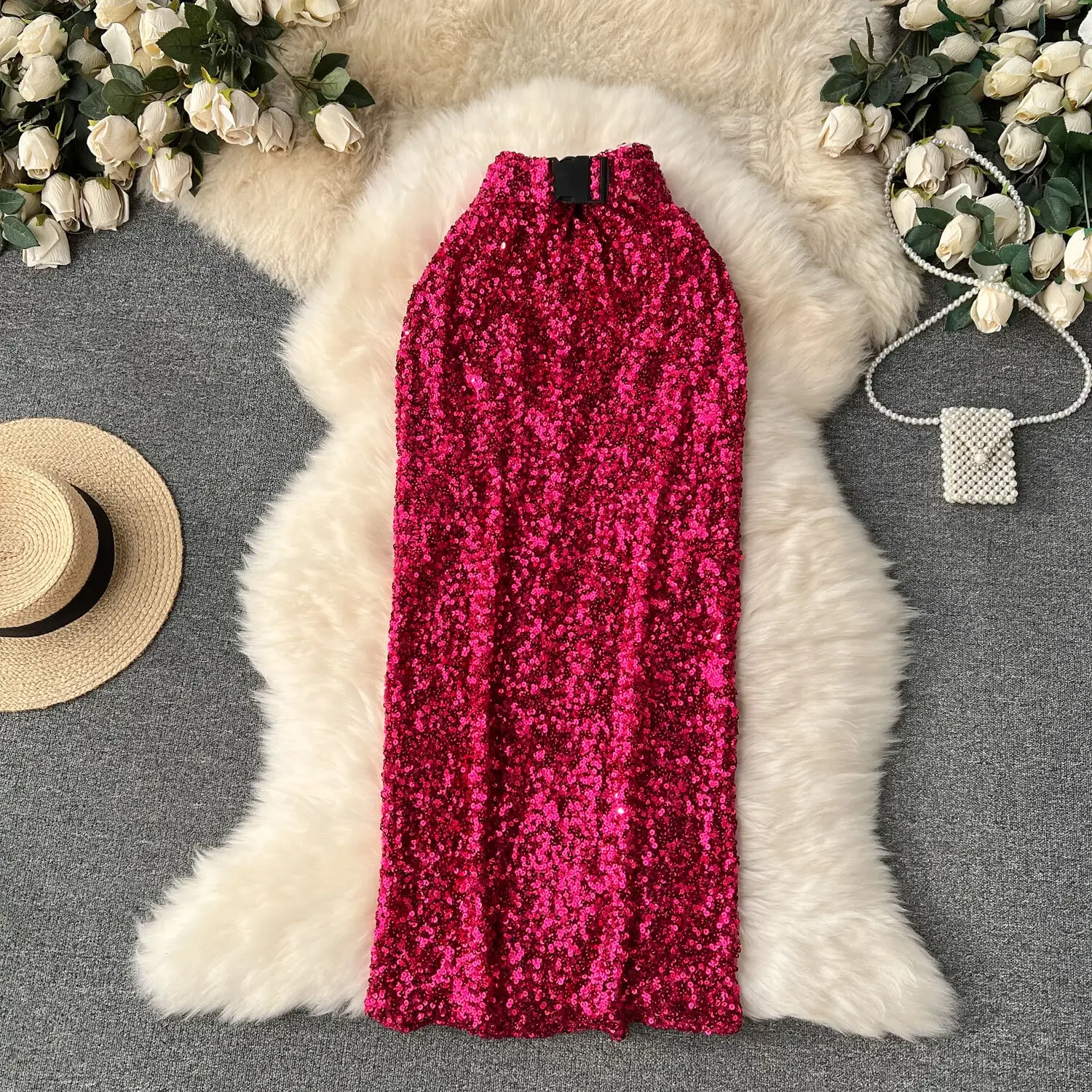 Foamlina Elegant Glitter Sequin Skirt for Women Fashion Solid Vintage Style High Waist Slim Stretch Back Slit Long Bodycon Skirt