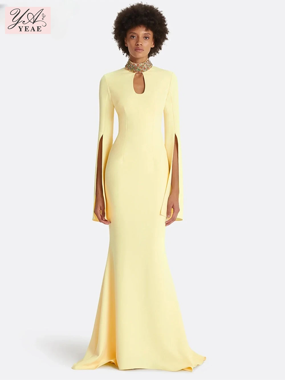 

YEAE Elegant Celebrity Evening Gowns Luxury Diamond Stand Collar Slim Long sleeves Maxi Dress Formal Banquet Party Vestidos