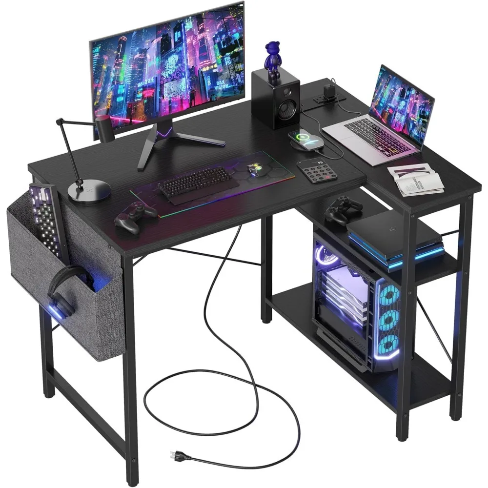 Computer Desk with Power Outlets, 40 Inch L Shaped Desks with Reversible Shelves, Gaming Desk Corner Desk Study Writing Table