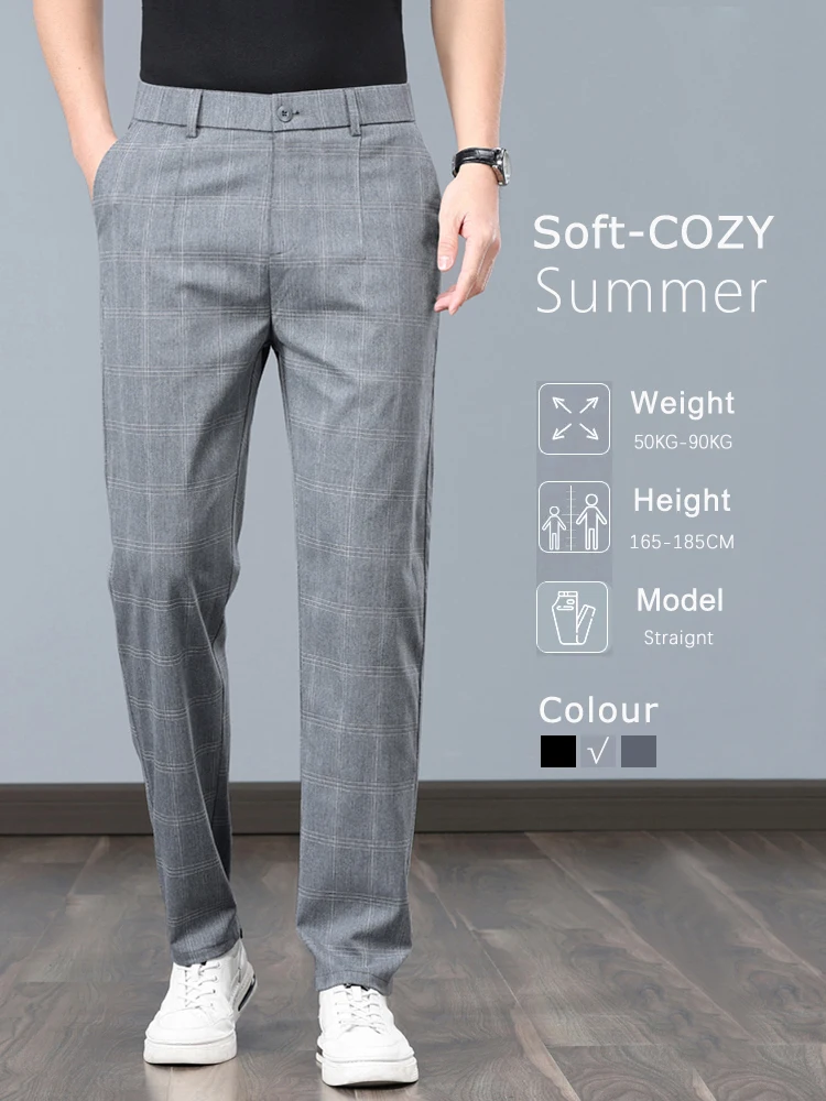 Summer Thin Plaid Formal Stretch Pants Men Slim Business Grey Black Casual Pant Fashion Male Clothing England Trousers