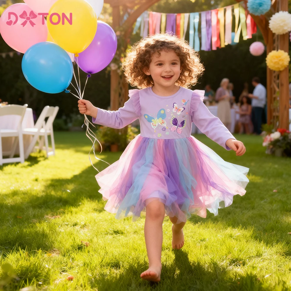 

DXTON Princess Tutu Dress Long Sleeve Winter Children Party Costumes Butterflies Printed Cotton Mesh Patchwork Kids Casual Dress
