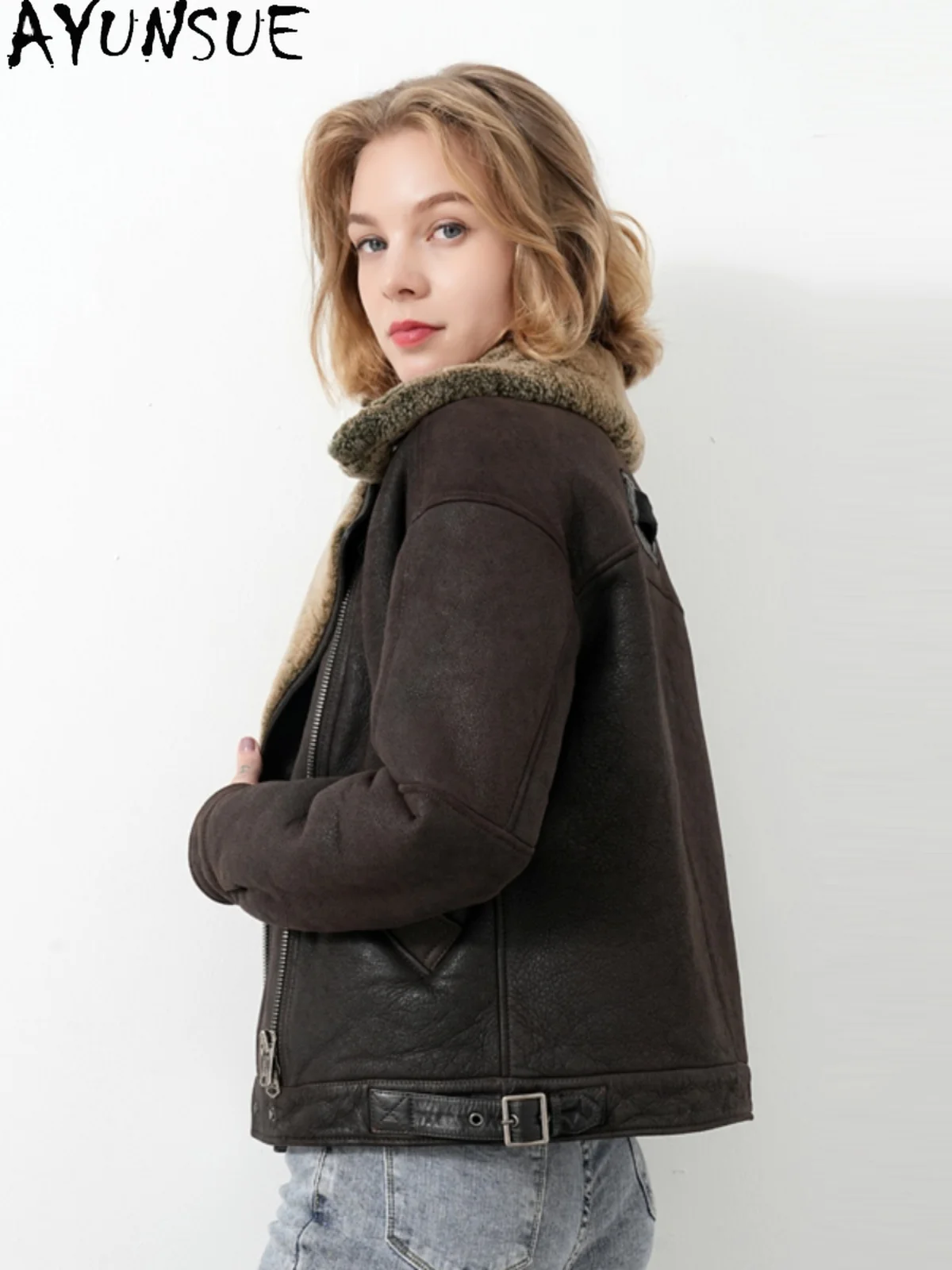 AYUNSUE Kurtka z prawdziwej skóry Odzież zimowa 2025 Naturalna skóra owcza Płaszcz damski Vintage Kurtki motocyklowe Damska odzież uliczna