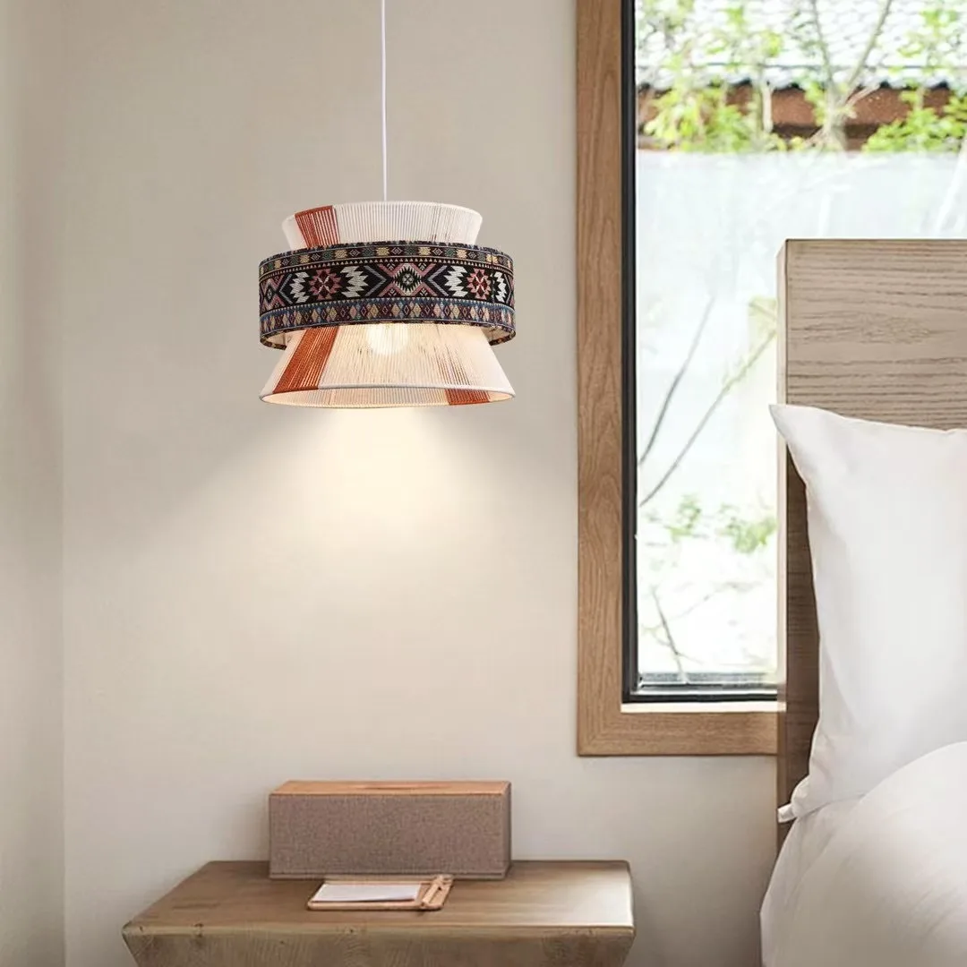 SANDYHA البوهيمي نمط القطن حبل المنسوجة قلادة أضواء العرقية المطبوعة النسيج الثريا لغرفة المعيشة غرفة نوم الإضاءة الفريدة