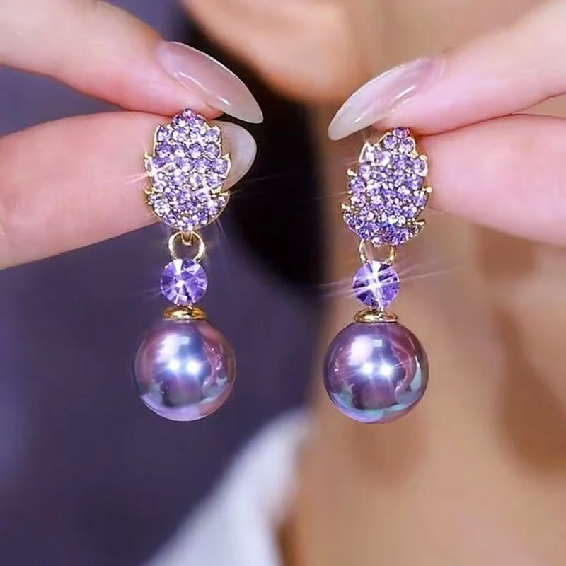 Unique Design Purple Rhinestone Leaf Pearl Pendant Earrings for Women New Elegant Exquisite Temperament Girls Daily Wear Jewelry