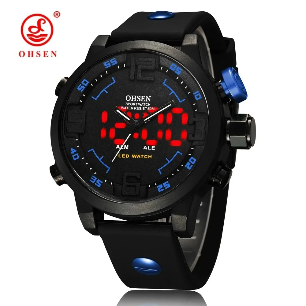 

OHSEN Black Men Watches Military Sports Quartz 5 Bar Waterproof LED Dual Time Digital Watch Wristwatches Clock Relogio Masculino