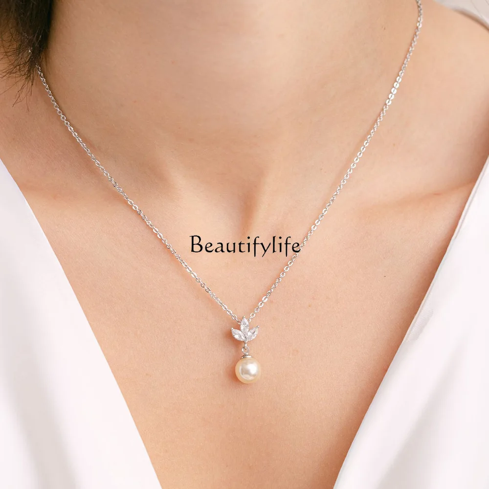 

Leaf chain set light luxury zircon pearl pendant temperament bridal wedding dinner accessories