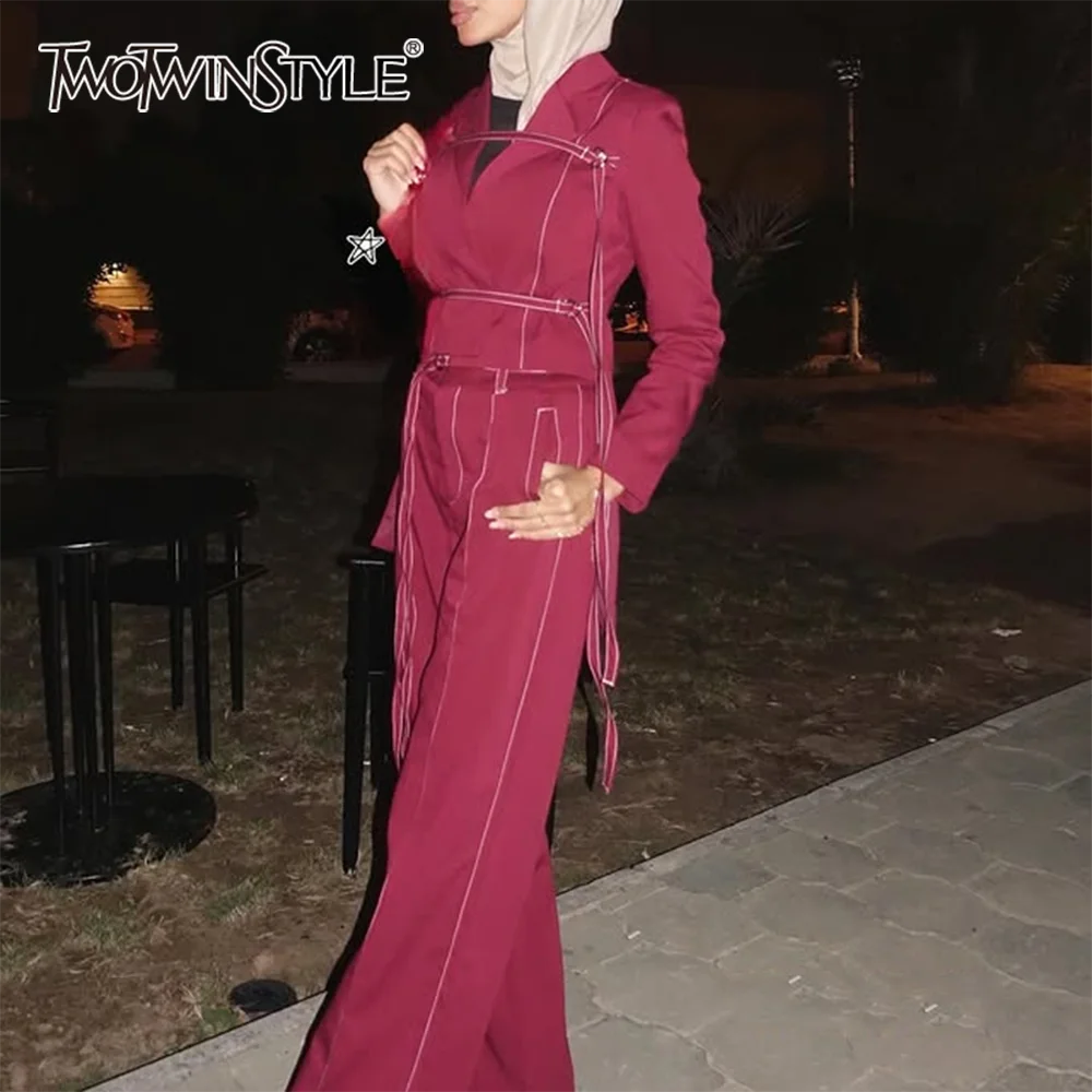 TWOTWINSTYLE Burgundy Two Piece Set For Women Lapel Long Sleeve Top High Waist Straight Pant Temperament Sets Female Clothes New