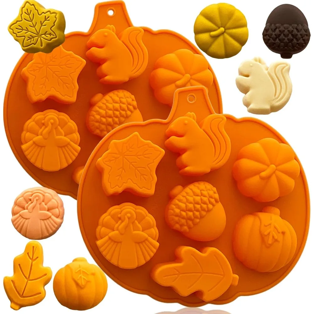 

2 шт., осенние силиконовые формы, форма для шоколада на День Благодарения, форма для тыквенного мыла, осенняя форма для конфет из кленового листа, форма для кубиков льда с желудом и белкой