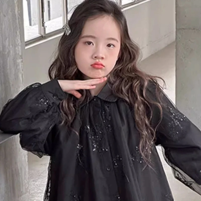 

2025 New Hot Selling Children's Double-layer Chiffon Yarn Lapel Solid Color Printed Dress