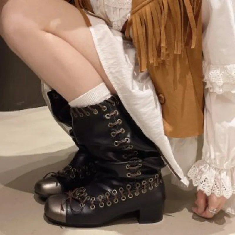 Vintage Thick Heel Women Boots Fashion Ladies Metal Buckle Pleated Motorcycle Mid Calf Booties