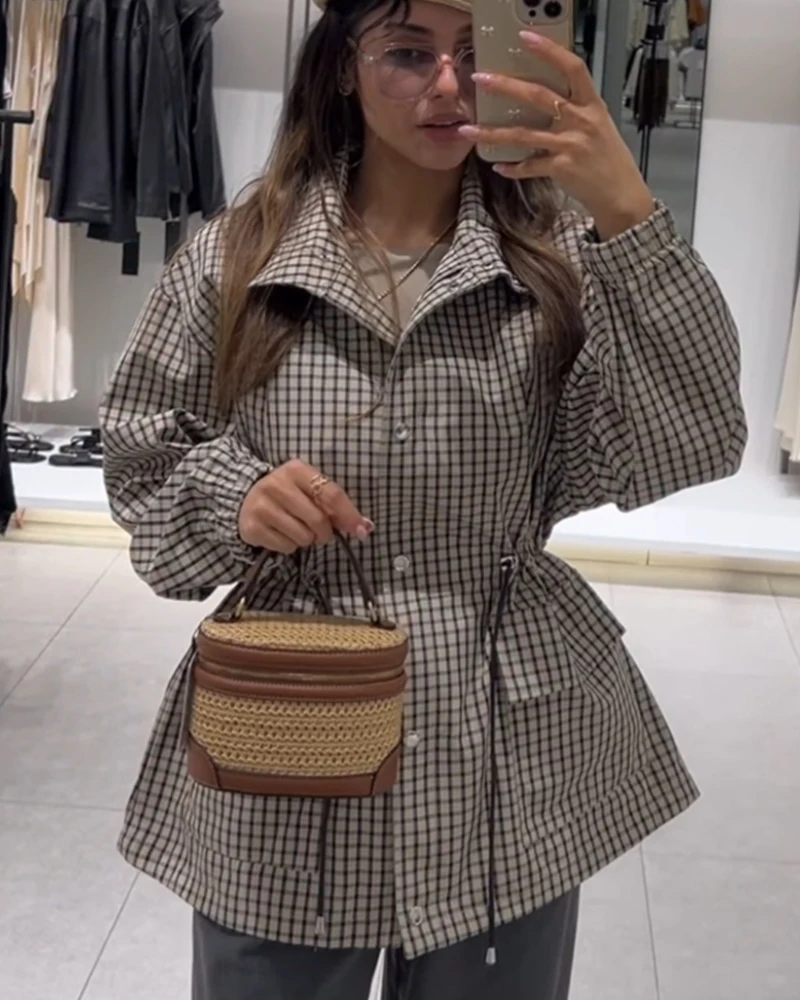Women's Coat 2026 New Autumn Gray Plaid Long Sleeve Loose Drawstring Decorative Coat Casual Fashion Personal Ladies Outerwear