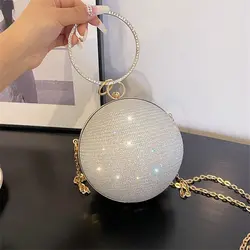 Borsa da sera circolare in seta brillante dorata da donna pochette per banchetti con strass Decor borse a tracolla a catena borse da festa femminili di lusso