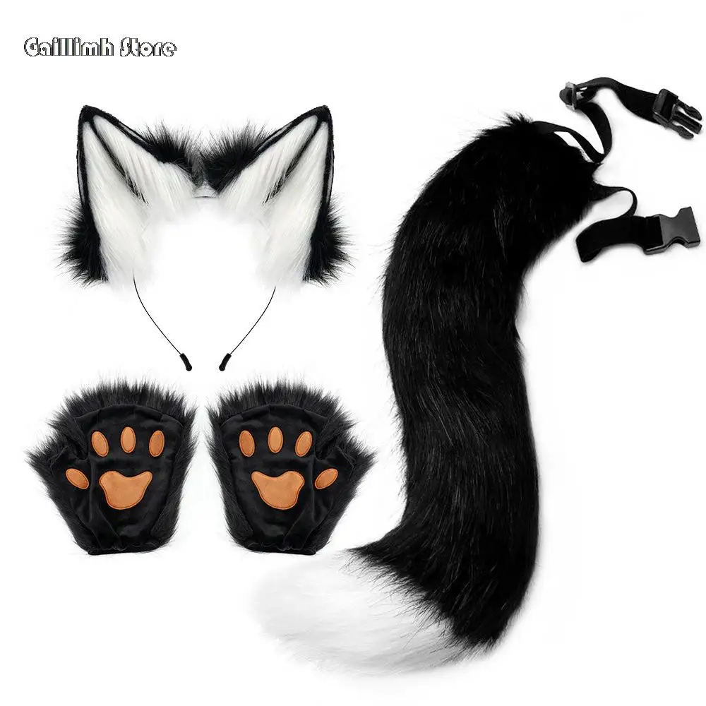 

Masquerade Faux Fur Fox Cat Ear Hairband，Long Tail，Beast Claw Gloves Cosplay Accessories Set Animal Costume