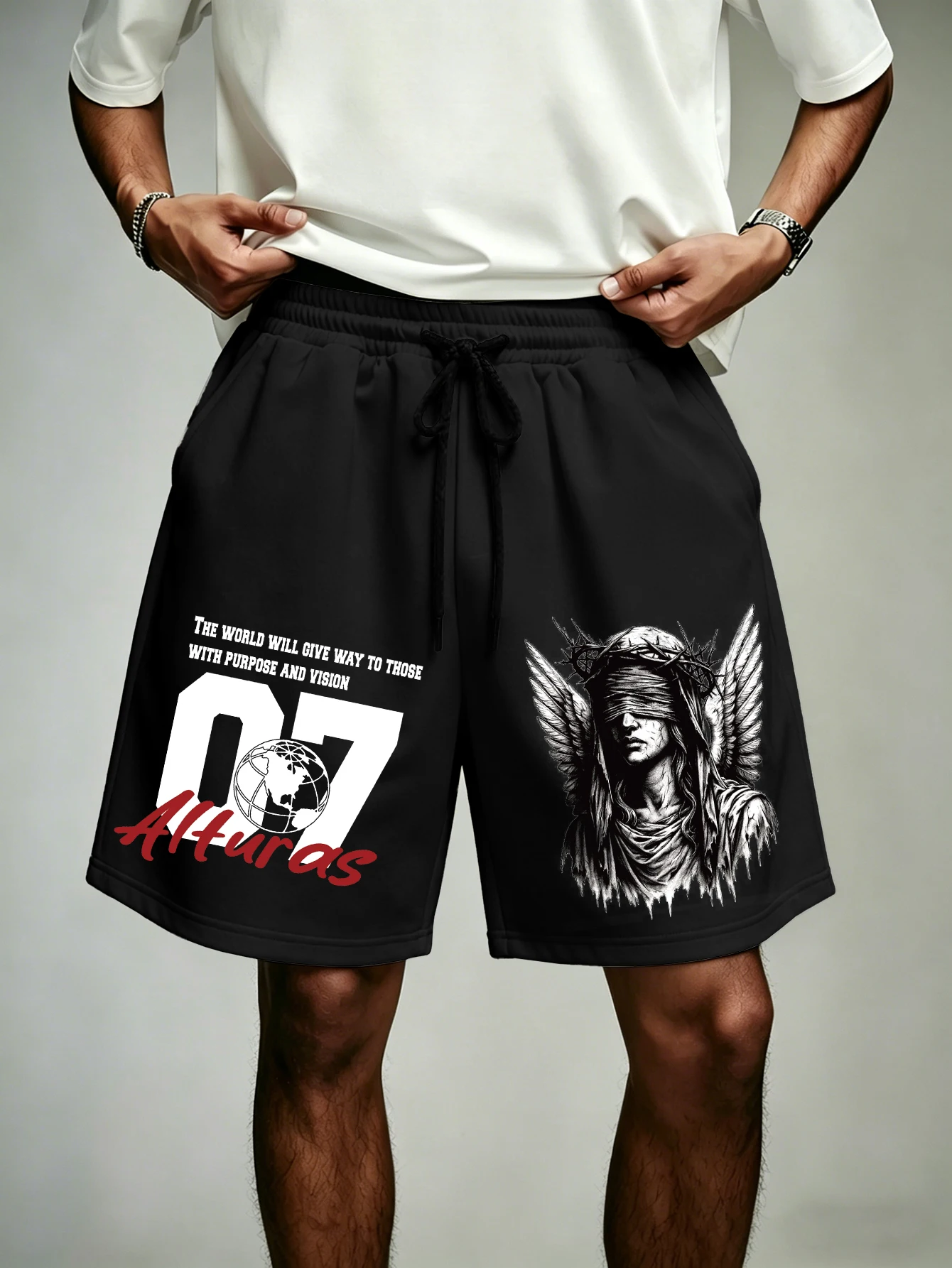 Men's Oversized Gothic Streetwear Shorts Brand Angel Print Loose Fit Polyester Black Multi Color Casual Shorts S-2XL All Size 1P