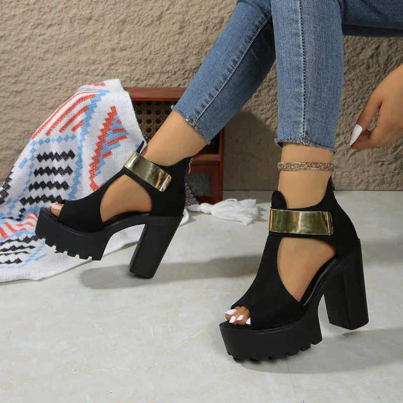 2025 Summer New Fashionable and Versatile High Heel Platform Sandals Peep Toe Plus Size Roman Sandals for Women