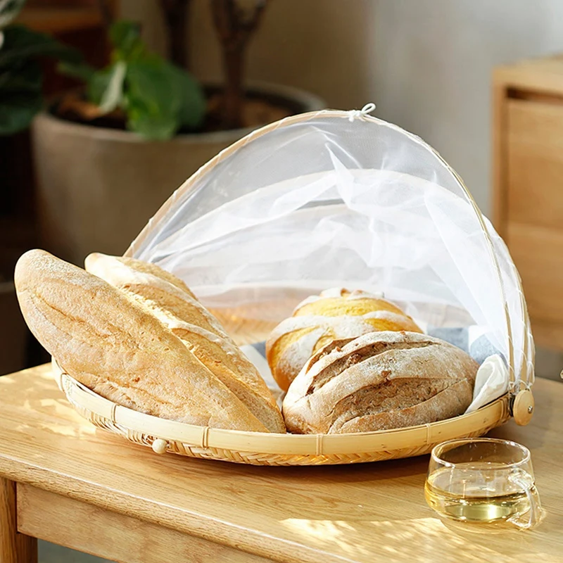 Hand-Woven Food Tent Basket Tray Fruit Vegetable Bread Storage Basket Simple Atmosphere Outdoor Picnic Mesh Net Cover