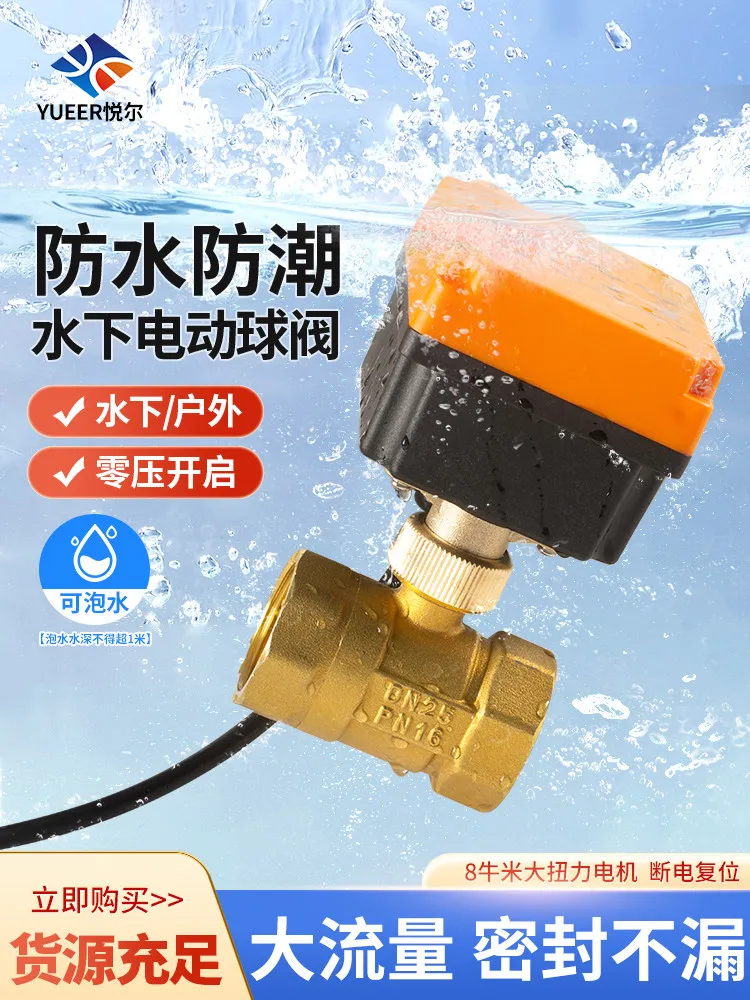 Underwater waterproof electric water valve ac220v24v12v4 points 6 points two-way thread buckle large flow copper ball valve