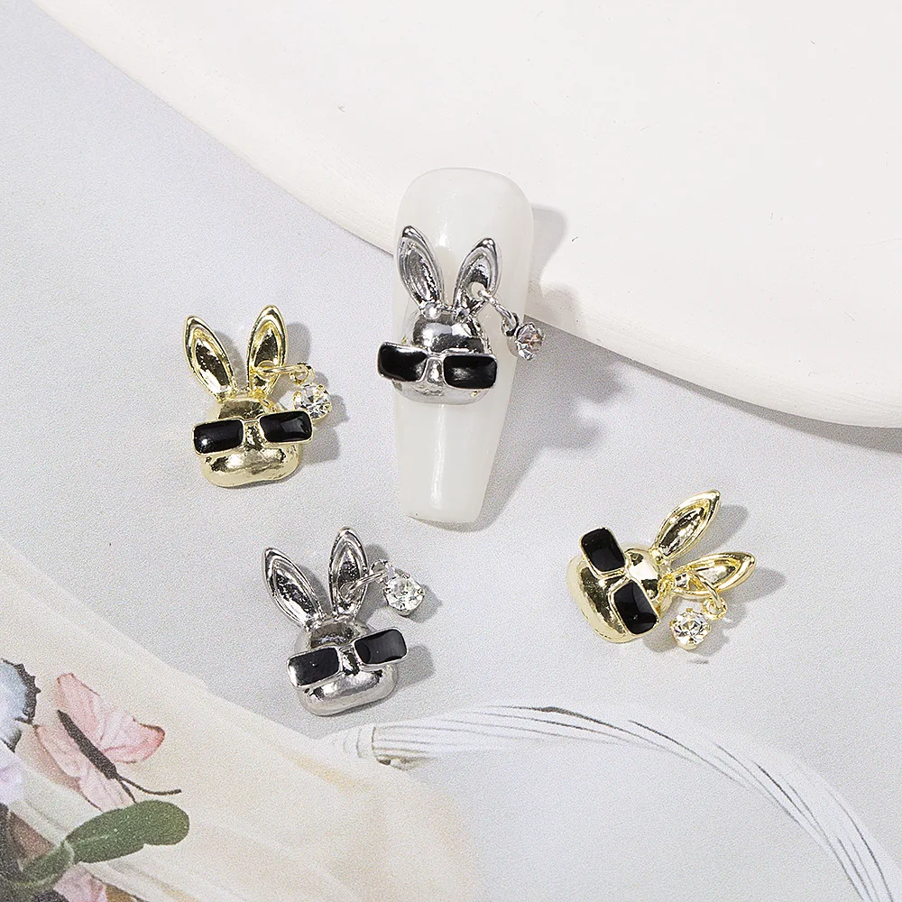 new 10pcs/bag Punk cool retro alloy sunglasses rabbit Nail art alloy zircon pendant with diamond nail decoration accessories