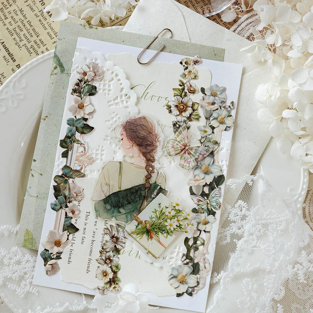 Journamm 10pcs Long Floral Stickers Hollow Relief Craft DIY Scrapbooking Collage Stationery Decor Junk Journal Frame Sticker