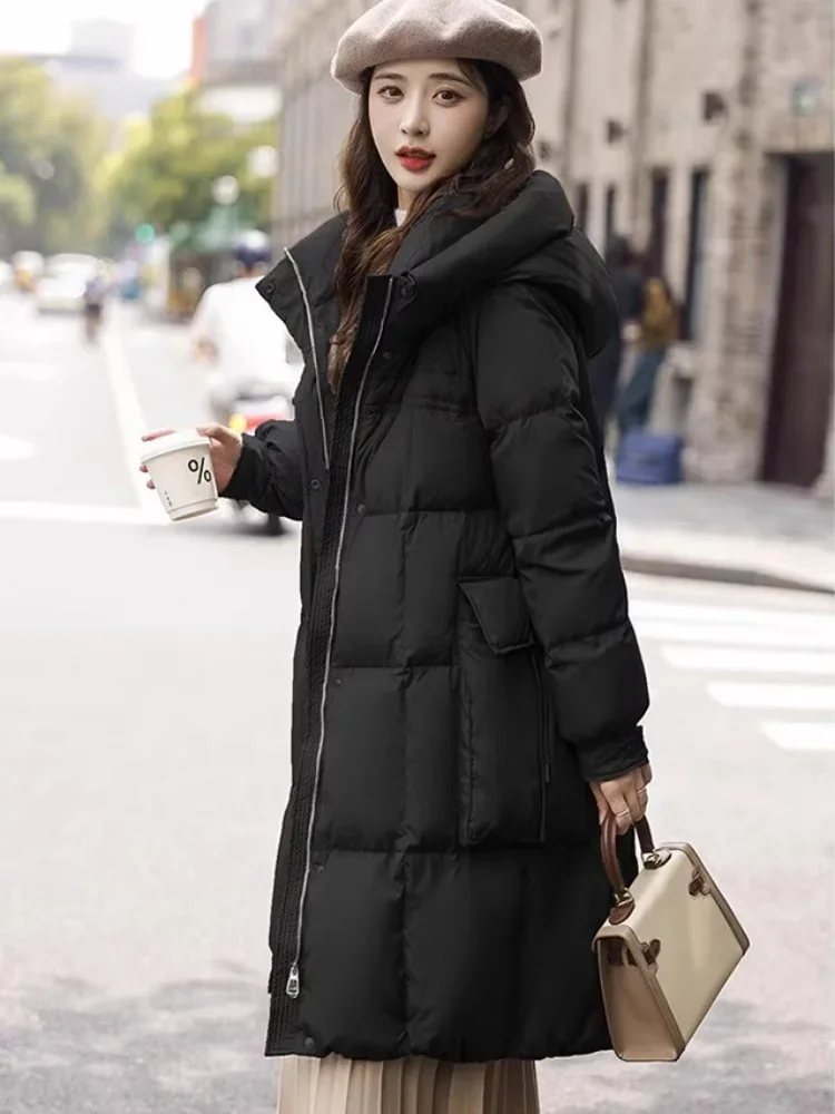 

Winter Jackets Woman 2024 White Duck Down Mid-length Down Jacket Long Sleeve Stand Collar Loose Hooded Thick Coat Warm Overcoat