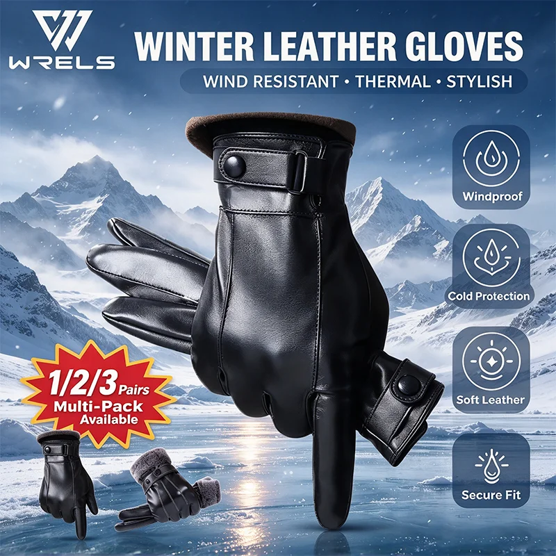 Winter Leather Warm Gloves Waterproof Thickened Non-Slip Driving Motorcycle Gloves Thermal Windproof Outdoor Cycling Mittens