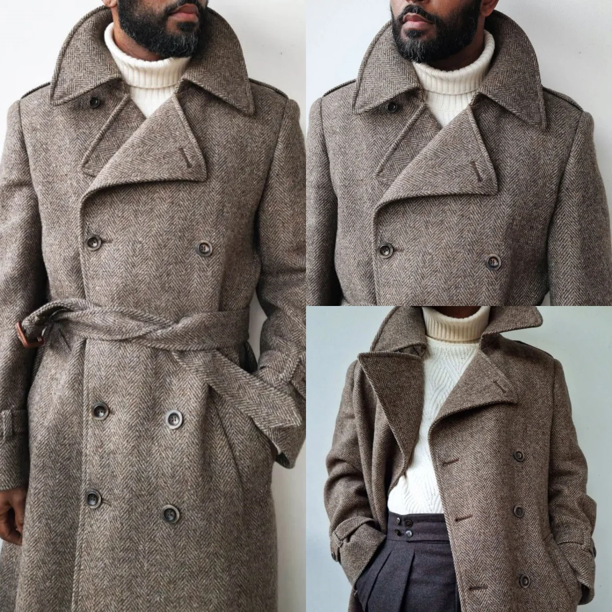 Handsome Thick Long Overcoat Herringbone With Belt Double Breasted Woolen Blends Business Work Customized Coat