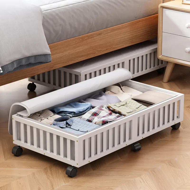 Bamboo Under Bed Storage Containers with Wheels, 2 Pack Large Under the Bed Shoe Storage Bins, Wood Rolling Underbed