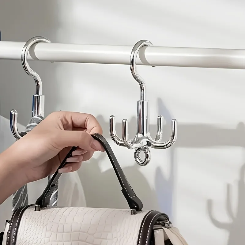Rotating Hook Multifunctional Clothes Hook Non-Perforated 4 Claws Organizer Bag Tie Scarf Coat Hat Hanger Wardrobe Storage ﻿