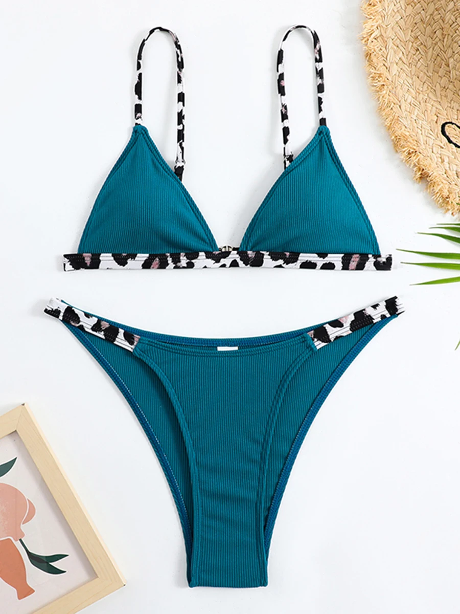 2025 Solid Triangle Bikini Leopard Strap Swimsuit Women Sexy Swimwear Female Bather Bathing Swimming Swim Suit Beachwear