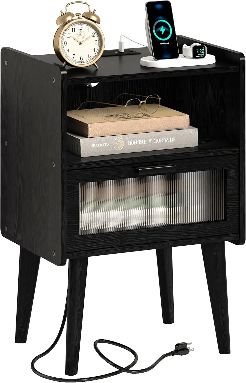 

Nightstand with Charging Station, Bedside Tables with Glass Decorative Door, Black Wood Grain End Table, Side Table with 2 Ti