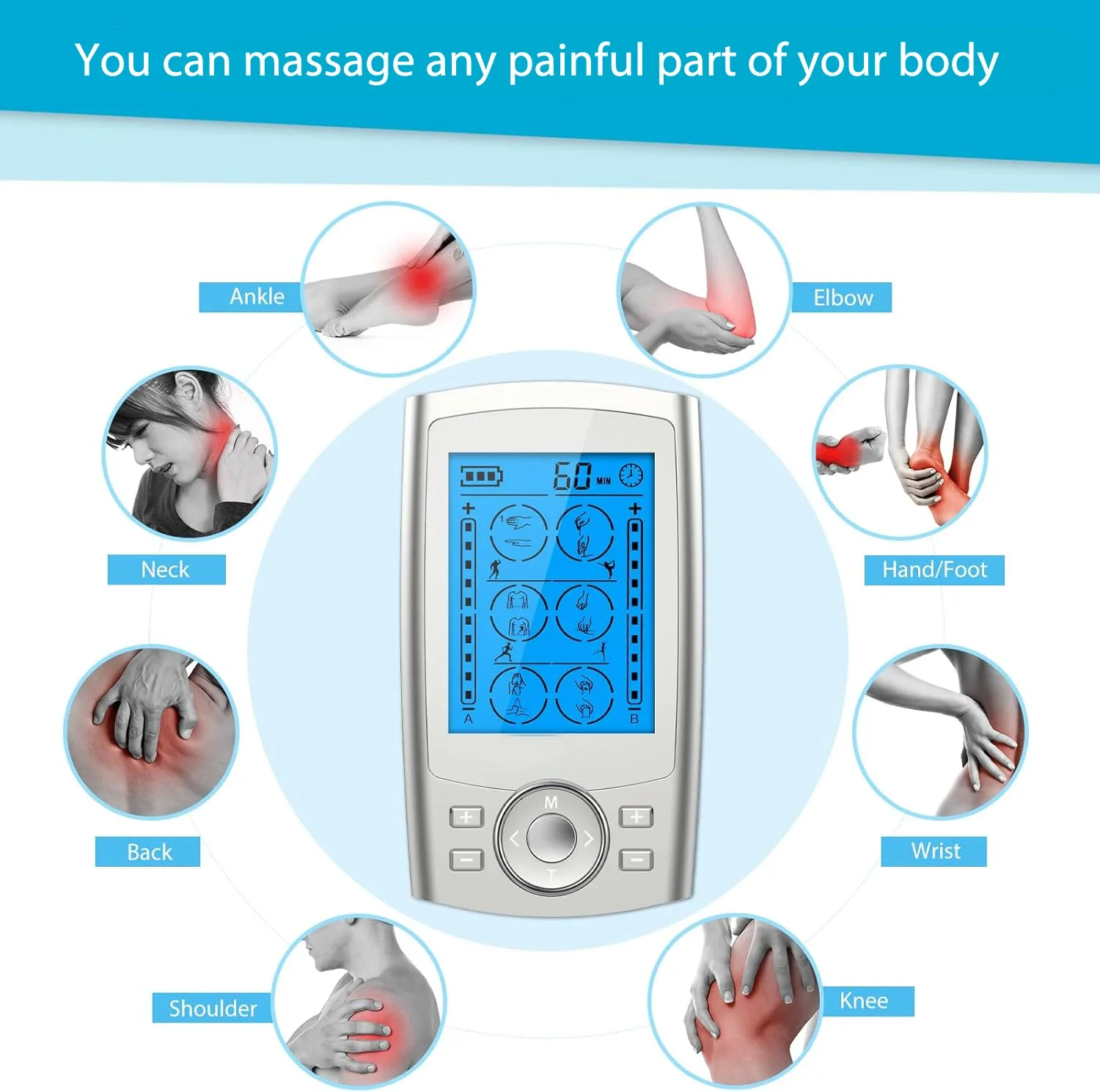 TENS EMS Unit 24 Modes Muscle Stimulator for Pain Relief Rechargeable TENS Machine Massager Physical therapy 10 Pads ABS Pads