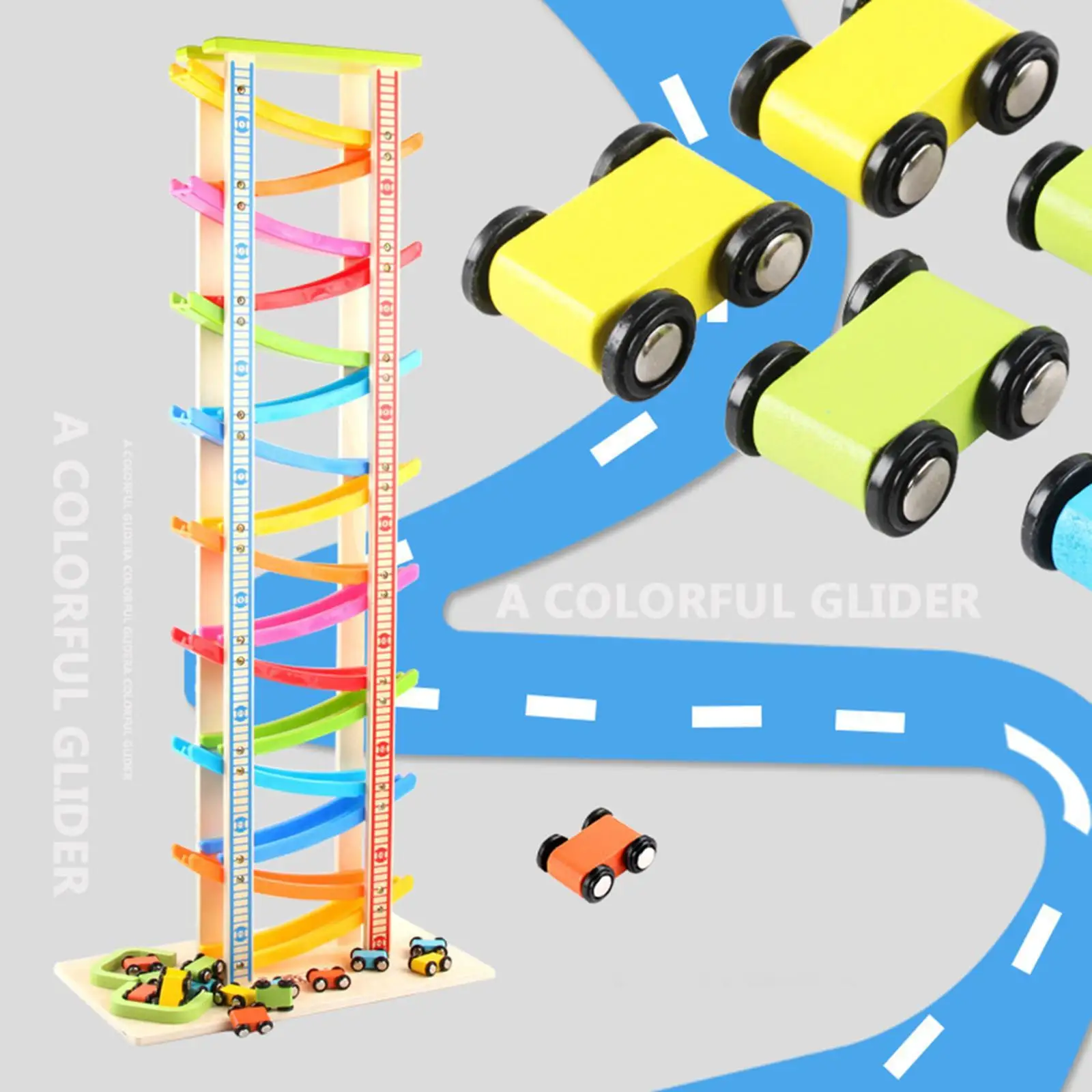 Wooden Car Ramp Toy with Mini Cars Vehicle Playset Fun Educational Zig Car Slide Toys for Ages 1 2 3 Years Old Kids Child
