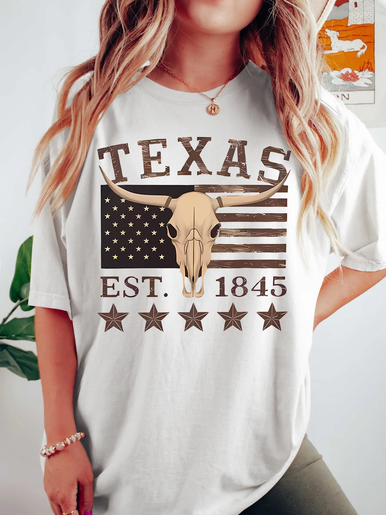 Women Crew Neck Tee Texas Longhorn Skull Graphic Print Short Sleeve Loose Ladies Summer Soft Cotton Plus Size Casual Street Top
