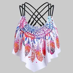 Women Overlay Flounce Crisscross Feather Print Swimming Shorts for Women Short Suit Set for Women Swimsuit Tops for Women Long