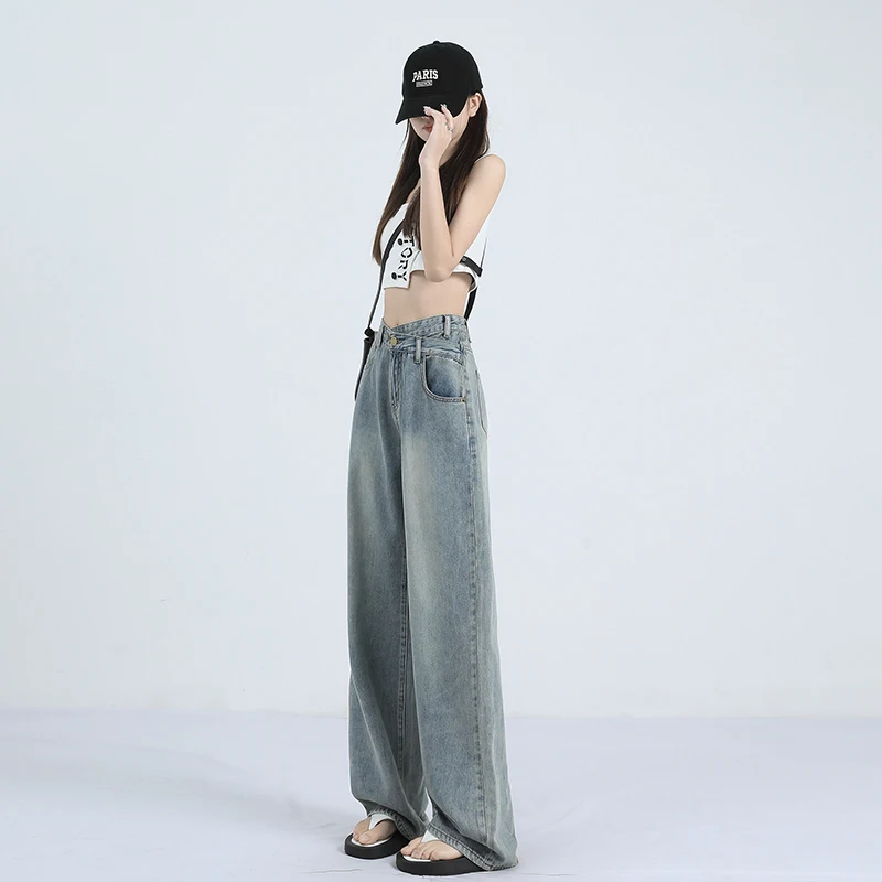 

Y2k Свободный крой с высокой талией Прямые женские джинсы для девочек Мешковатые джинсовые брюки Стрейч Комфортный модный тренд Повседневная одежда