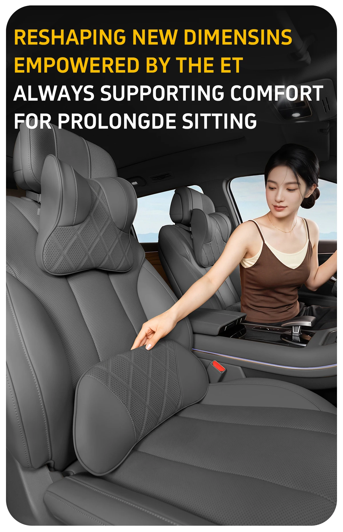 Vehicle Headrest Lumbar Pillow Kit Breathable Punch Nappa Leather Memory Foam Cushion for Driver Passenger Comfort