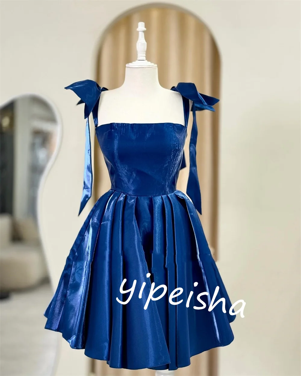 Satin Bow Pleat Wedding Party A-line Square Neck Bespoke Occasion Gown Short Dresses